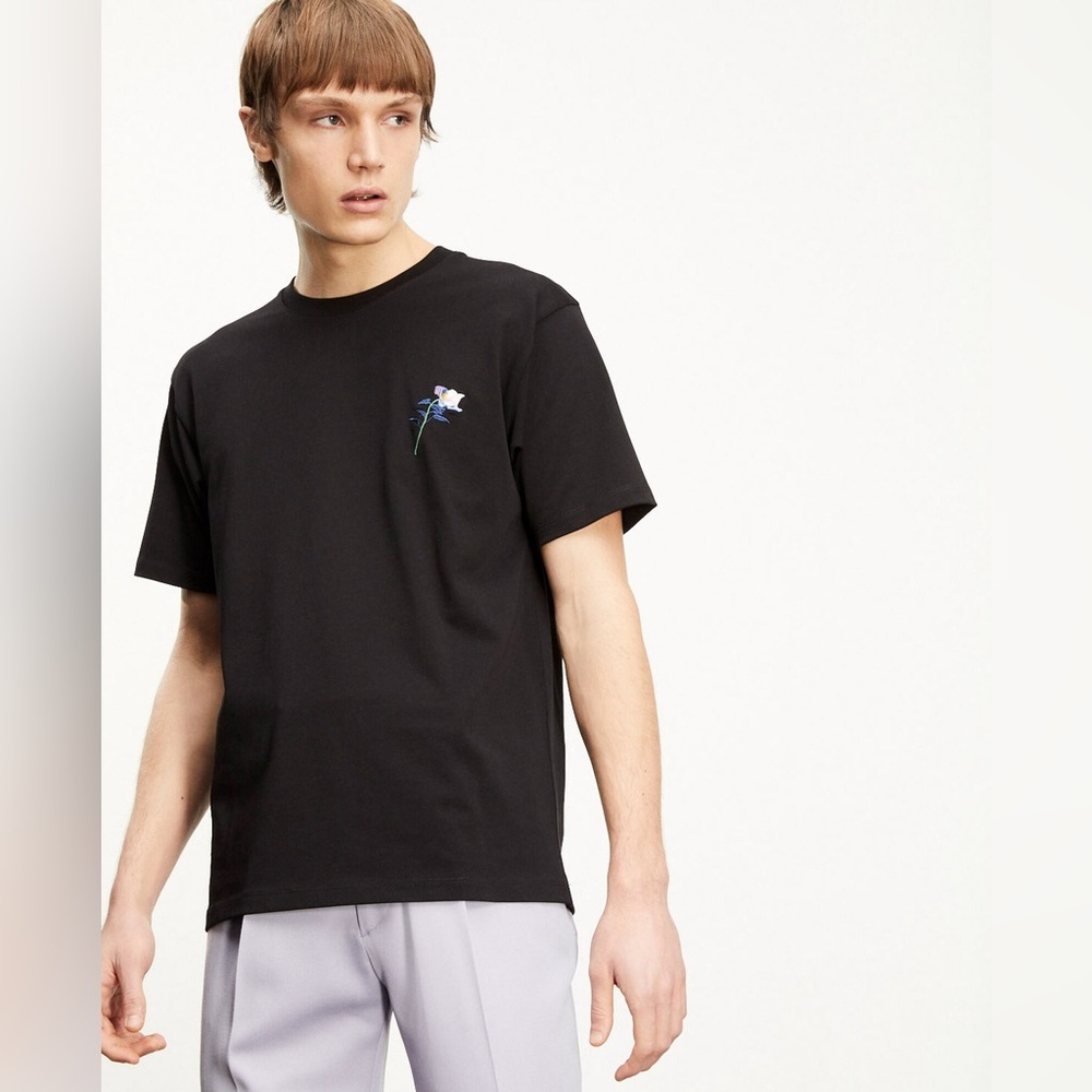 The Kooples BLACK COTTON T-SHIRT WITH EMBROIDERED FLOWERS.